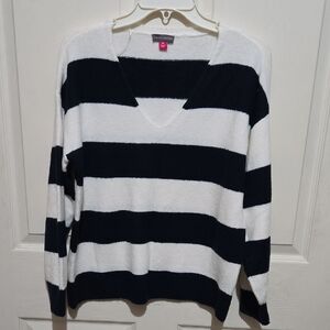 Striped V-Neck Sweater - Navy and White